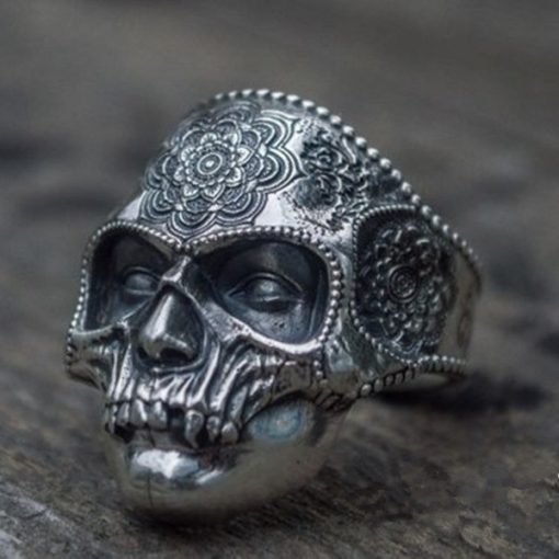 Goth Santa Muerte Ring Rose Crown Sugar Skull Stainless Steel Rings Womens Punk Biker Jewelry Unique Gift