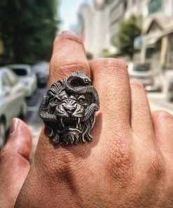 EYHIMD Lion and Snake Stainless Steel Ring Men's Punk Chimera Biker Ring Mythology Animal Jewelry
