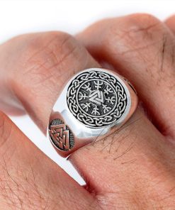 EYHIMD Viking Valknut Helm of Awe Stainless Steel Ring Men's Aegishjalmur Odin Icelandic Runes Celtics Knot Jewelry Amulet Gift