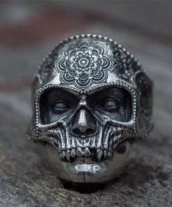 Unique Silver Color 316L Stainless Steel Heavy Sugar Skull Ring Mens Mandala Flower Santa Muerte Biker Jewelry
