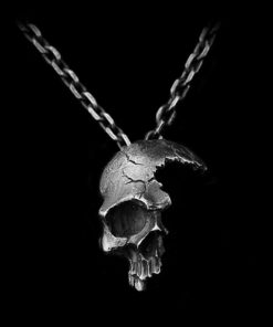 Broken Damaged Half Face Skull Pendant Necklace Men's Fashion Biker Rock Punk Jewelry Antique Silver Color, Chain length 45cm
