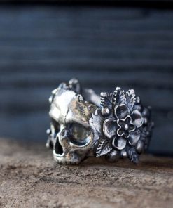 EYHIMD Gothic Mexican Flower Sugar Skull Rings Women Stainless Steel Punk Flowers Ring Jewelry