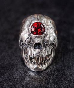 EYHIMD Cyclops Skull Ring Red Cz Crystal on The Forehead, Gothic Punk Men's Stainless Steel Biker Jewelry Gift for Him
